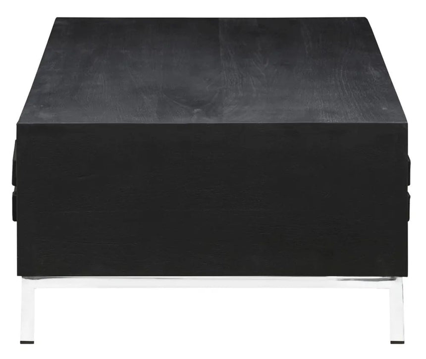 Geo Black Painted Mirrored Storage Coffee Table, Solid Mango Wood with Stainless Steel Chrome Base - 2 Drawers-5