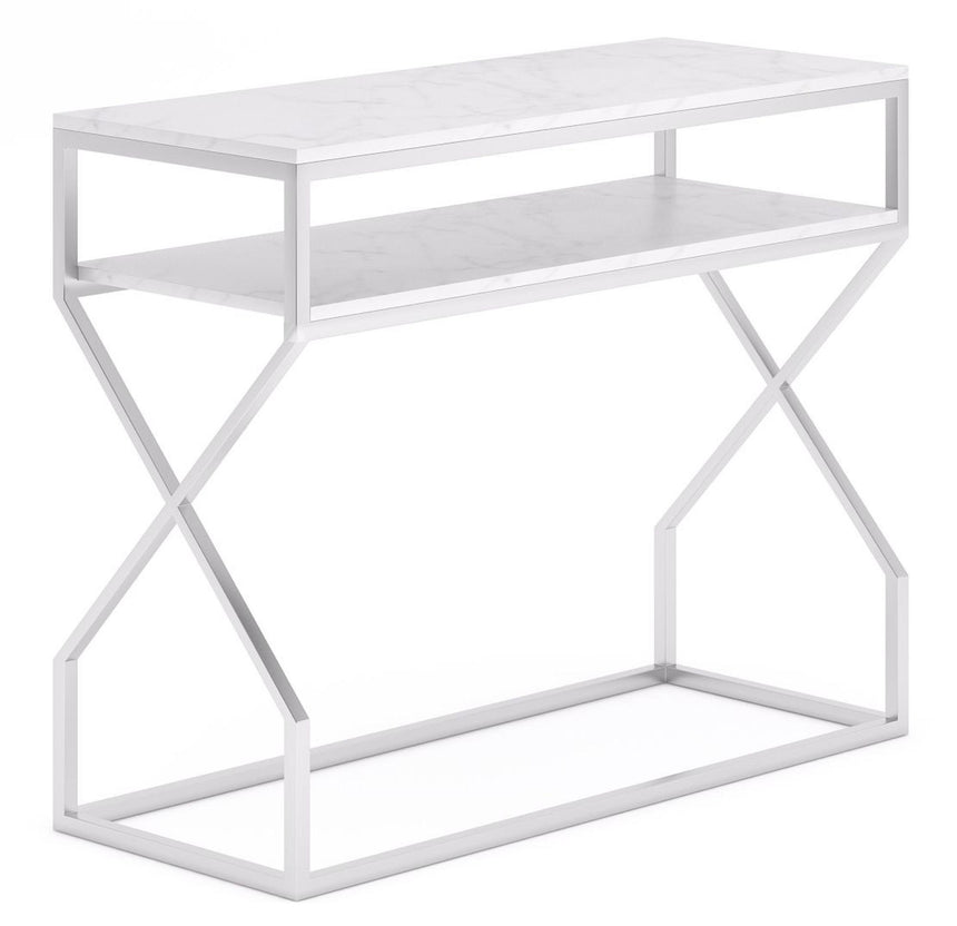Scala White Marble Top and Chrome Console Table with Middle Shelf-3