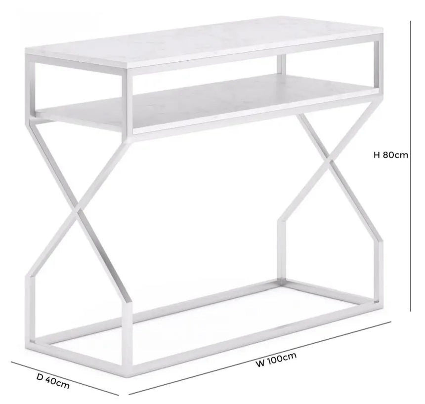 Scala White Marble Top and Chrome Console Table with Middle Shelf-5