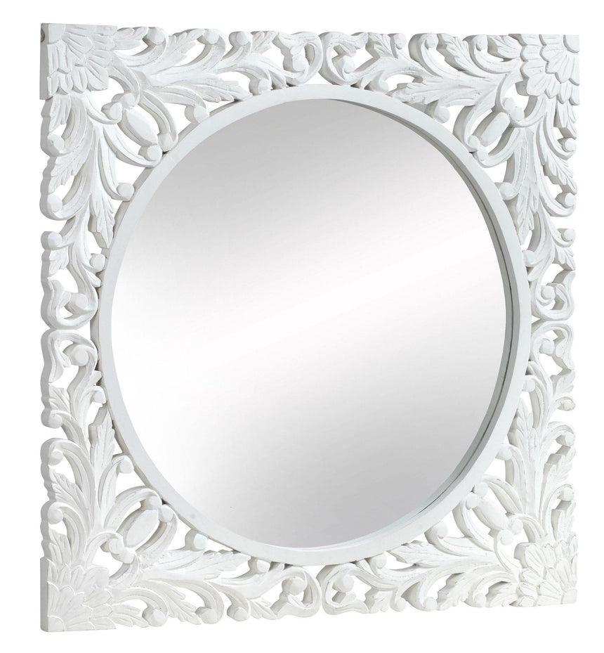 Boho White Carved Wooden Square Wall Mirror - 110cm x 110cm-2