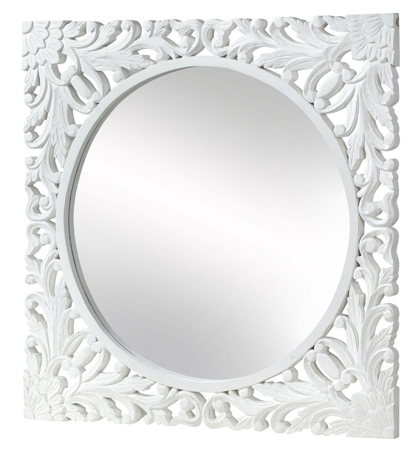 Boho White Carved Wooden Square Wall Mirror - 110cm x 110cm-3