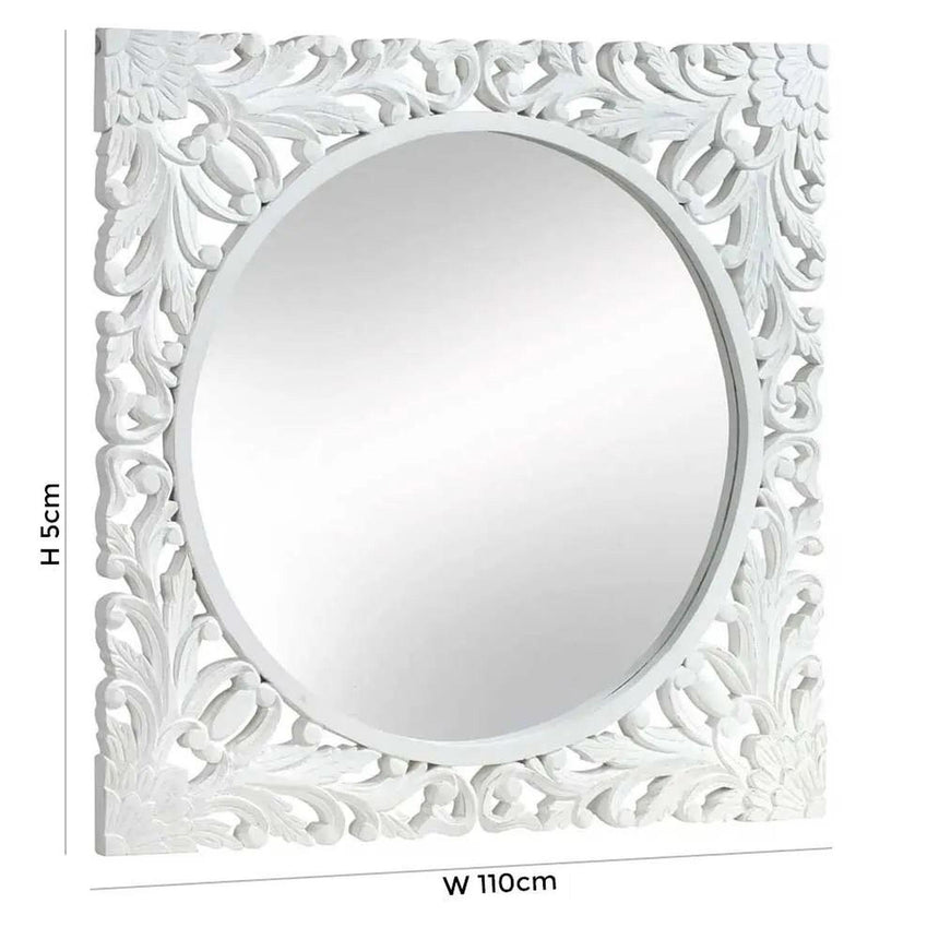 Boho White Carved Wooden Square Wall Mirror - 110cm x 110cm-5