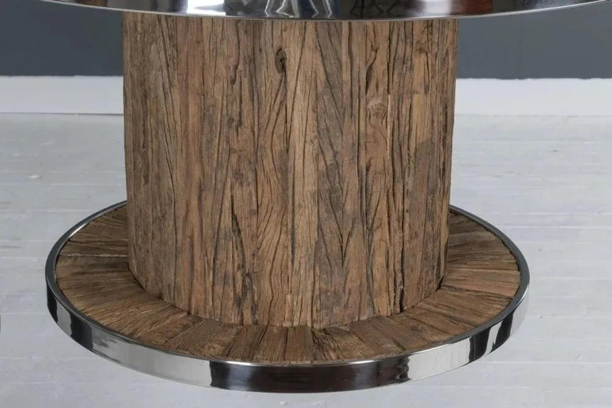Railway Sleeper Coffee Table with Glass Top, Round Column Base, Made from Reclaimed Wood and Steel Trim-5