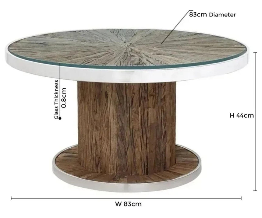 Railway Sleeper Coffee Table with Glass Top, Round Column Base, Made from Reclaimed Wood and Steel Trim-7