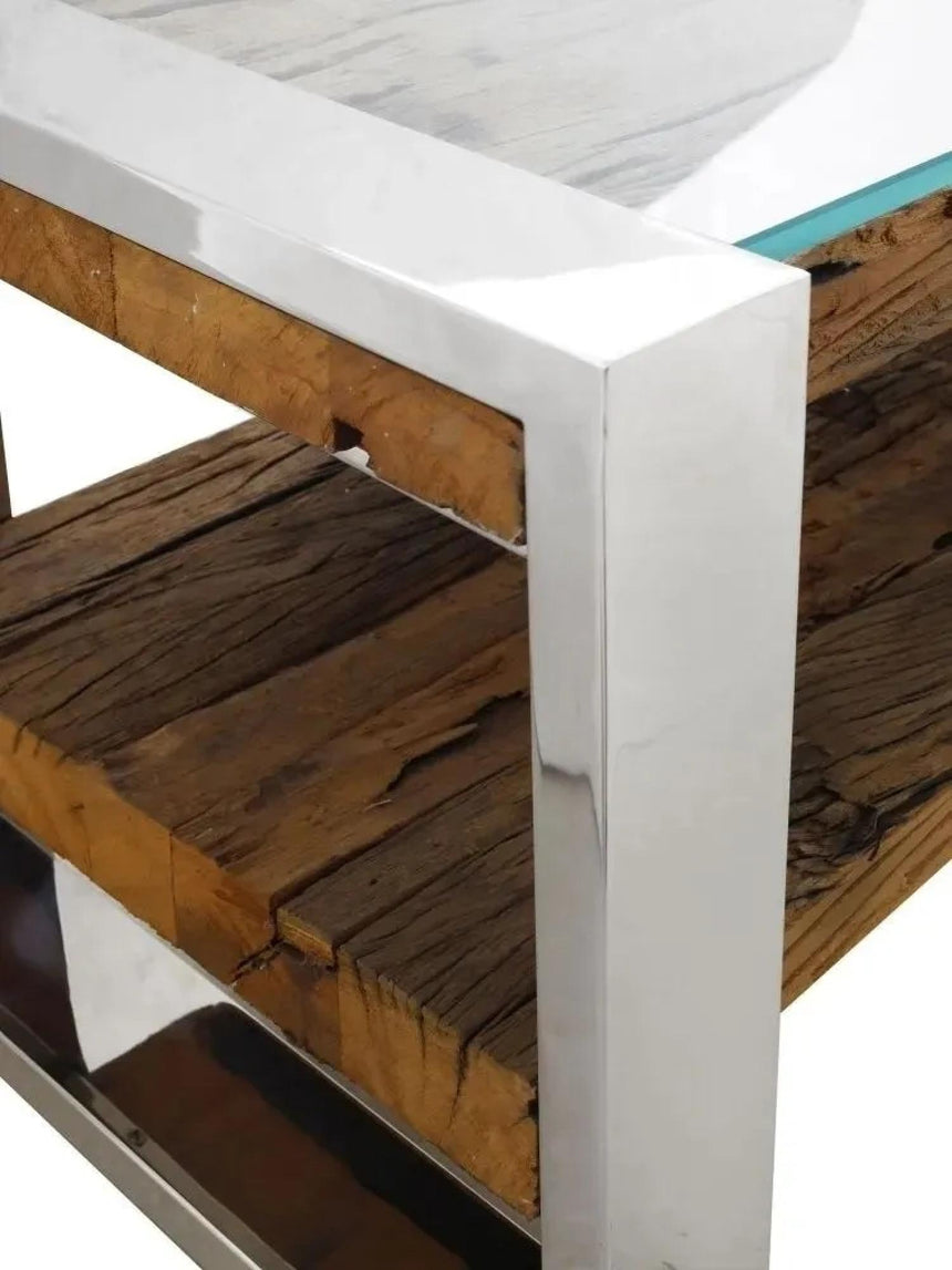 Railway Sleeper TV Bench with Glass Top, 120cm Open TV Unit, Stand Upto 50in Plasma, Made from Reclaimed Wood-4