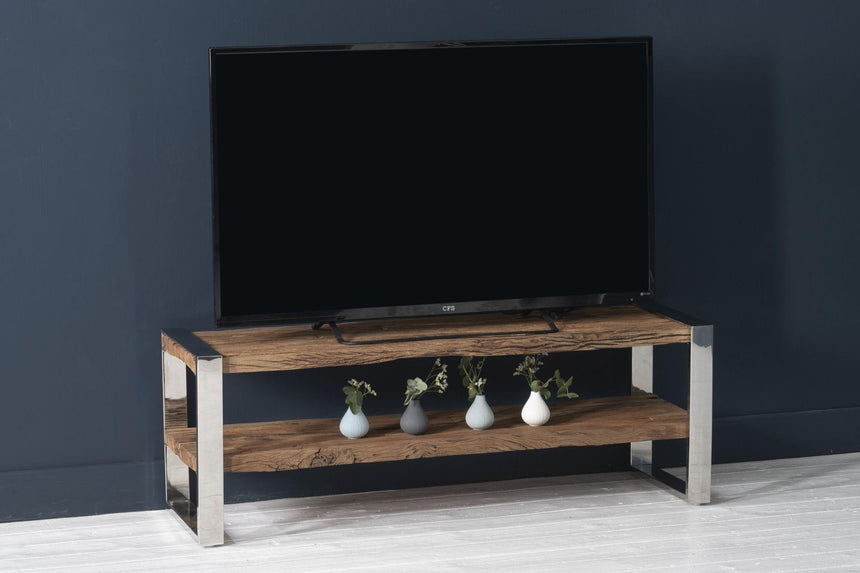 Railway Sleeper TV Bench with Glass Top, 120cm Open TV Unit, Stand Upto 50in Plasma, Made from Reclaimed Wood-6