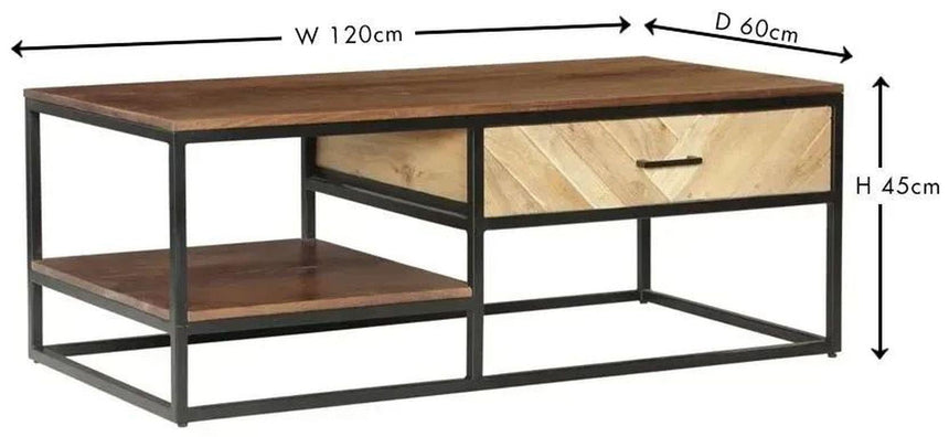 Rennes Chevron 1 Drawer Storage Coffee Table - Rustic Mango Wood-7