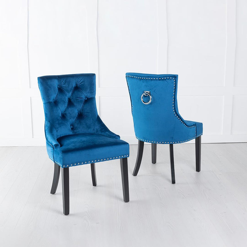 Turin 140cm Square White Marble Dining Set - Blue Fabric Knocker Back Chairs with Black Legs-4