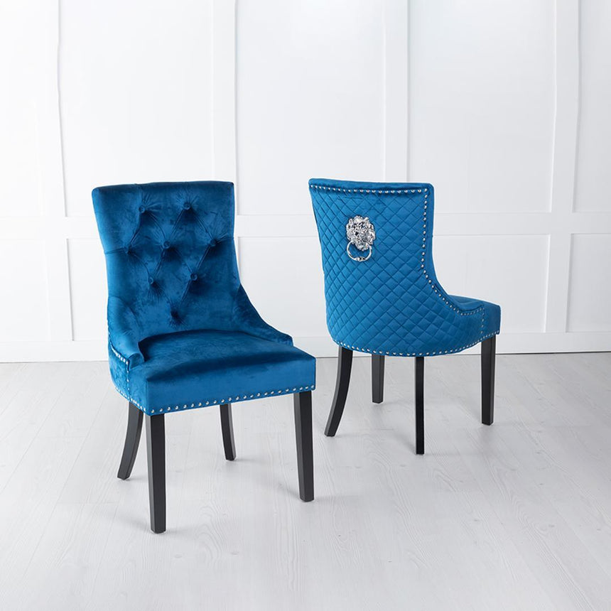 Turin 140cm Square White Marble Dining Set - Blue Fabric Lion Head Ring Back Chairs with Black Legs-4