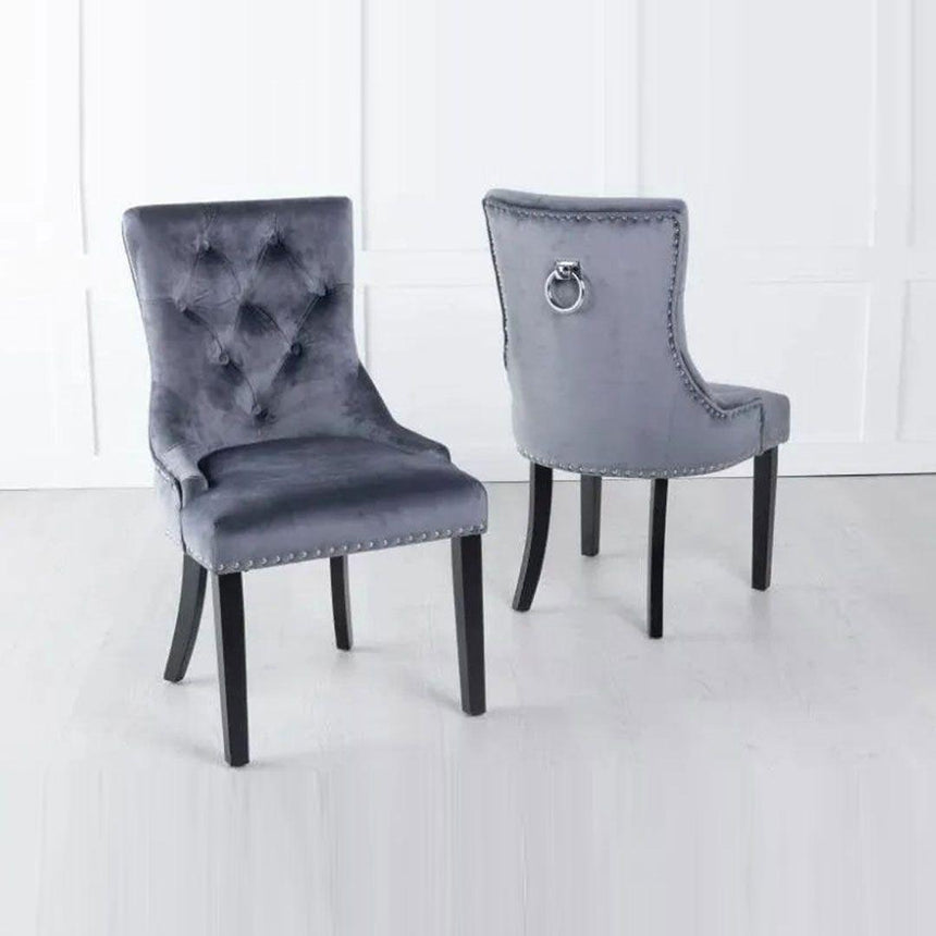 Turin 140cm Square White Marble Dining Set - Grey Fabric Knocker Back Chairs with Black Legs-6