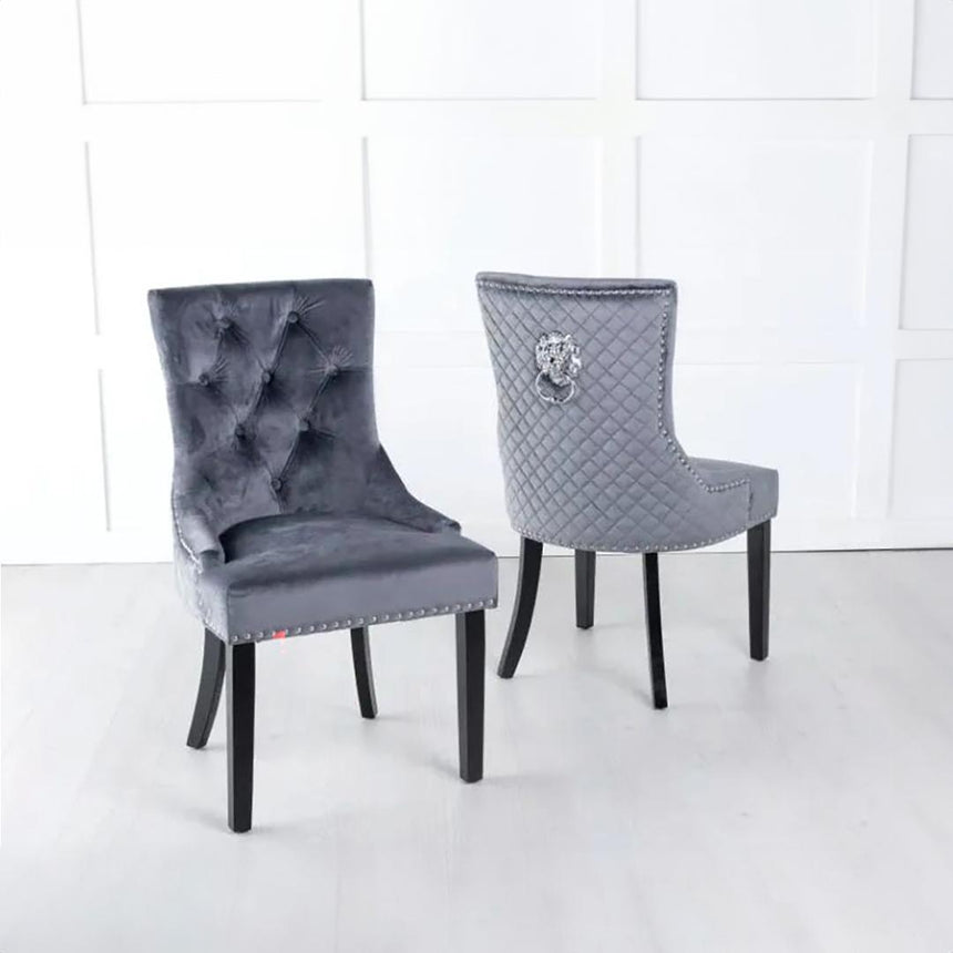 Turin 140cm Square White Marble Dining Set - Grey Fabric Lion Head Ring Back Chairs with Black Legs-6