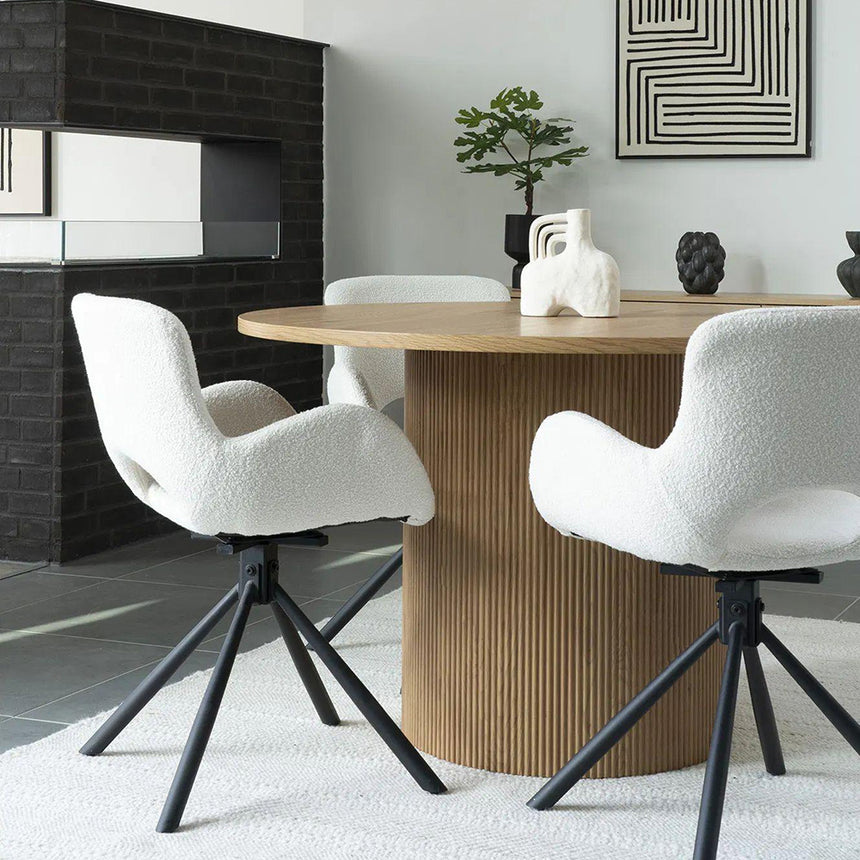 2 x Amorim White Fabric Swivel Boucle Dining Chair with Black Legs