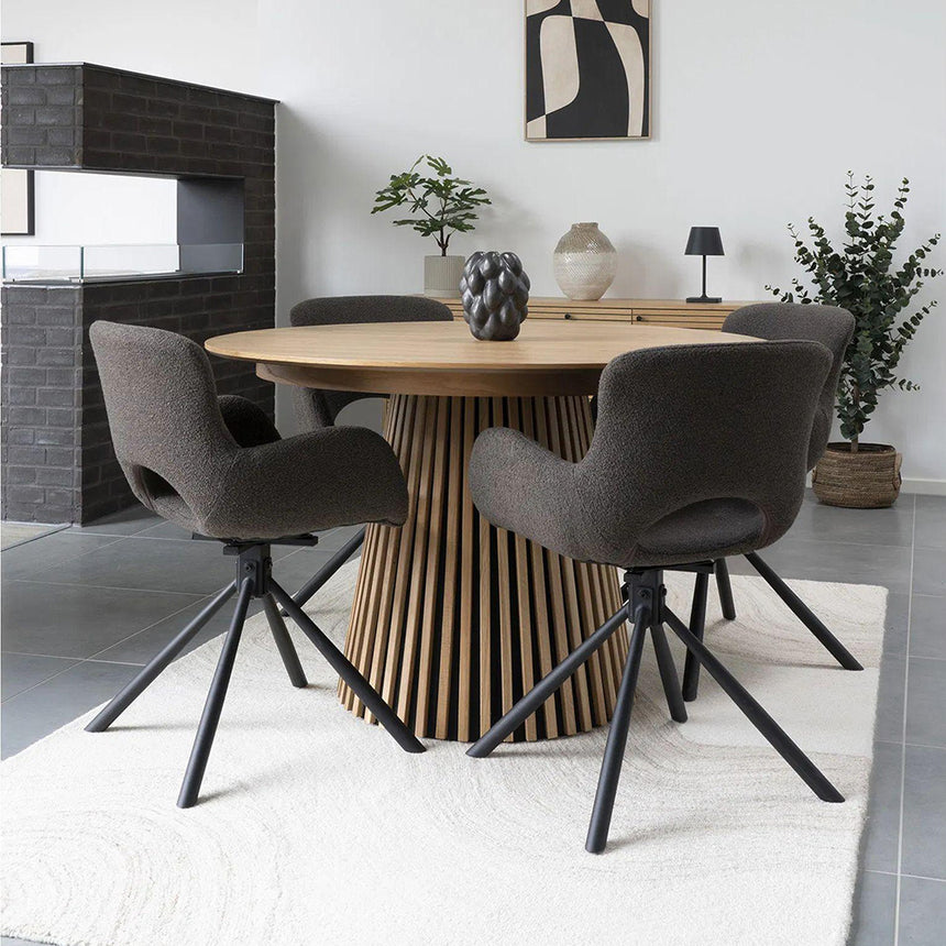 2 x Amorim Brown Boucle Fabric Swivel Dining Chair with Black Legs