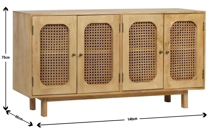 Retro Wood and Rattan Sideboard - 4 Doors-11