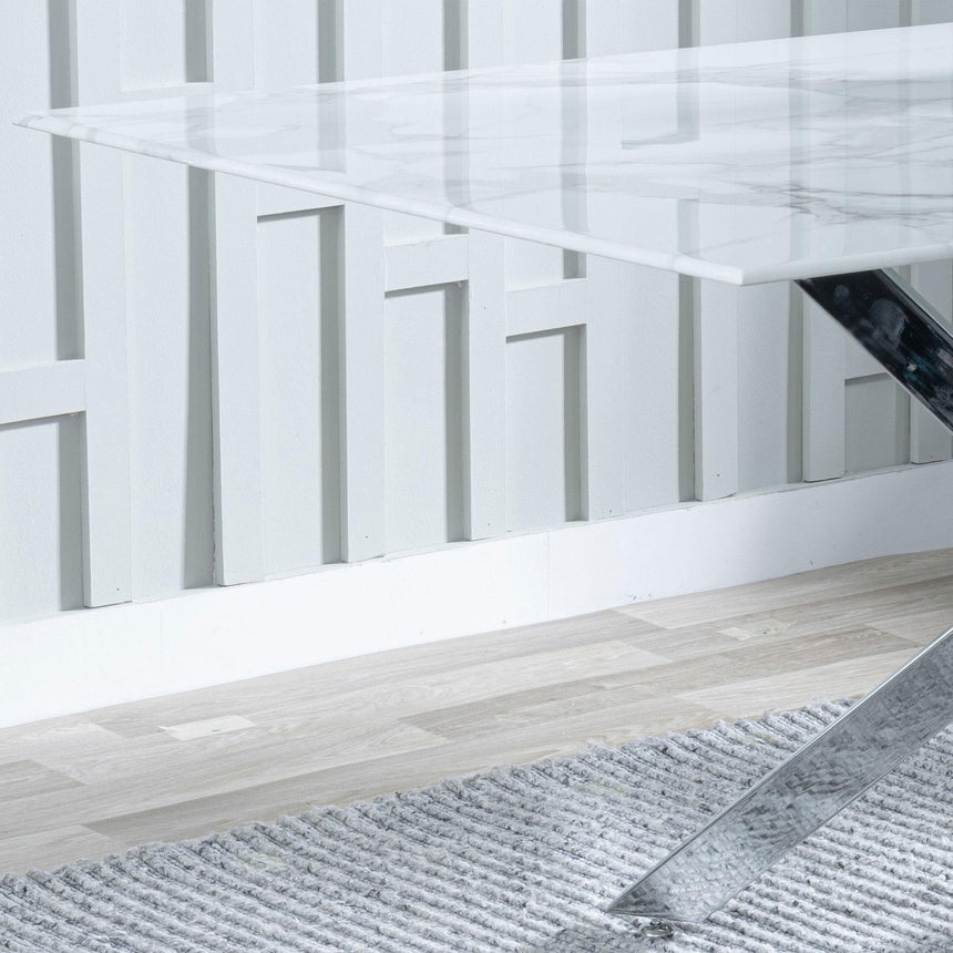 Clearance - Chopstick 6 Seater White Glass Dining Table with Chrome Metal Legs - 150cm-5