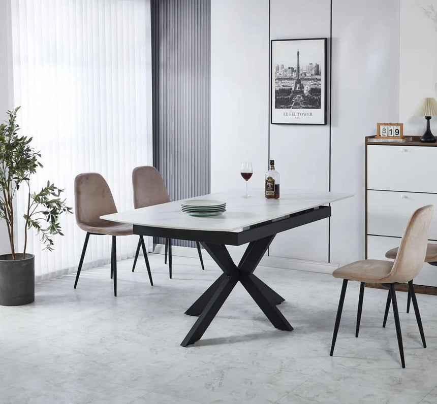 Bari 4-6 Seater White Ceramic Extending Dining Table with Black Star Base - 140cm-180cm-11