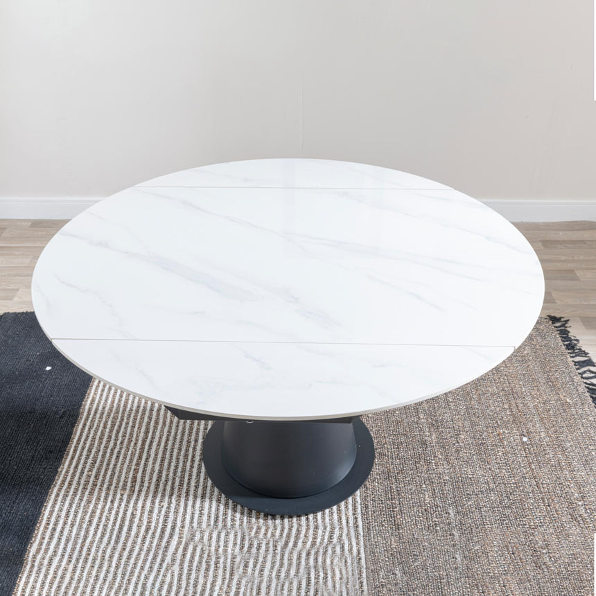 Carrara 4-6 Seater White Ceramic Round Swivel Motion Extending Dining Table with Black Pedestal Base - 135cm-8