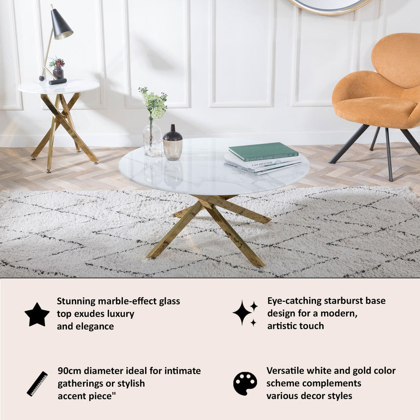 Clearance - Chopstick White Glass Round Coffee Table with Gold Metal Legs-8