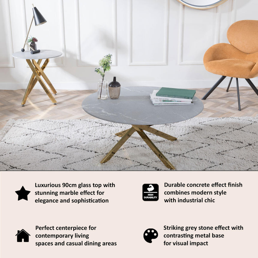 Clearance - Chopstick Grey Glass Round Coffee Table with Gold Metal Legs-7