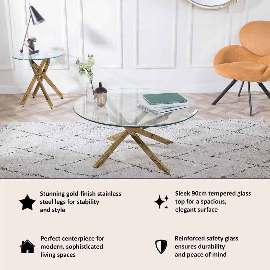 Clearance - Chopstick Clear Glass Round Coffee Table with Gold Metal Legs-8