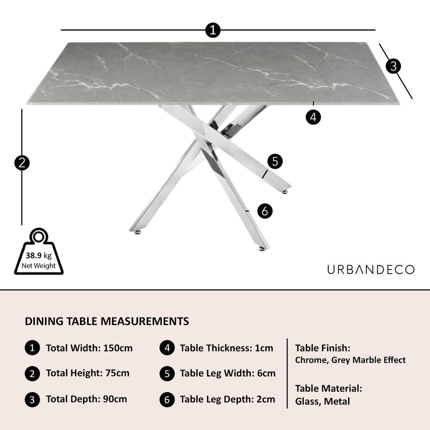 Clearance - Chopstick 6 Seater Grey Glass Dining Table with Chrome Metal Legs - 150cm-11