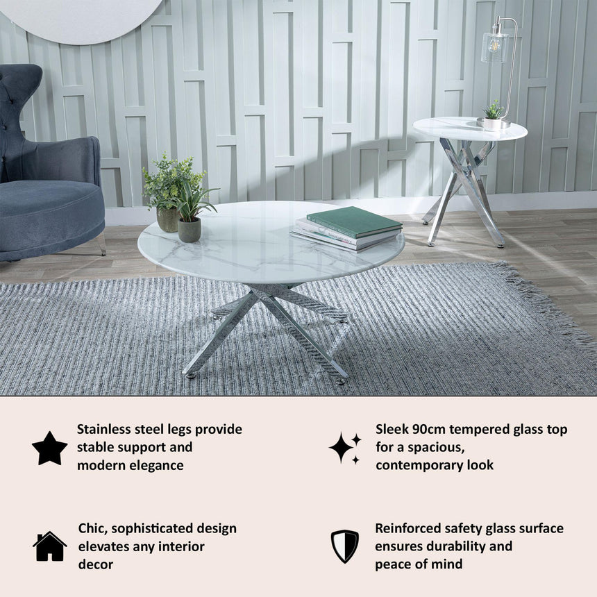 Clearance - Chopstick White Glass Round Coffee Table with Chrome Metal Legs-8