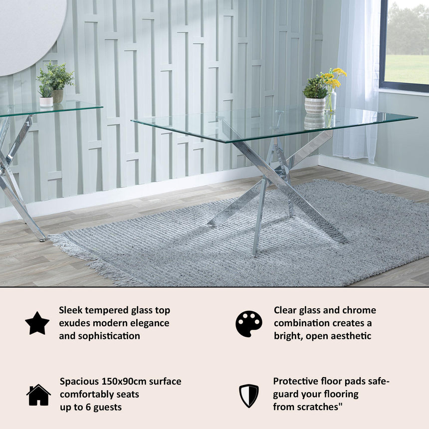 Clearance - Chopstick 6 Seater Clear Glass Dining Table with Chrome Metal Legs - 150cm-10