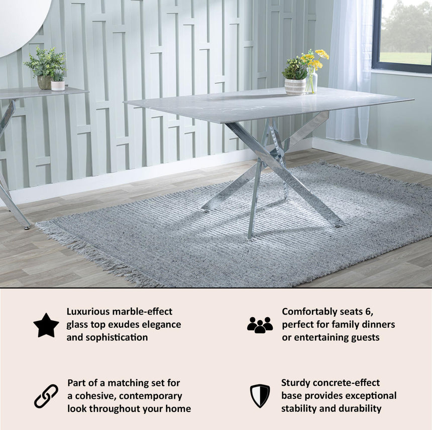 Clearance - Chopstick 6 Seater Grey Glass Dining Table with Chrome Metal Legs - 150cm-8