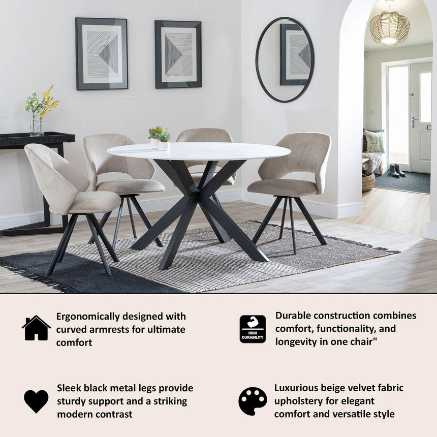 Ion Beige Velvet Fabric Swivel Dining Chair with Black Legs-12