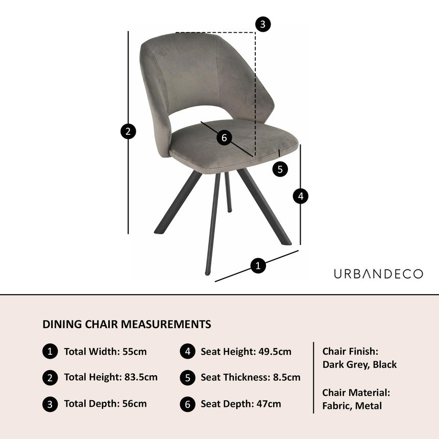 Ion Dark Grey Velvet Fabric Swivel Dining Chair with Black Legs-4