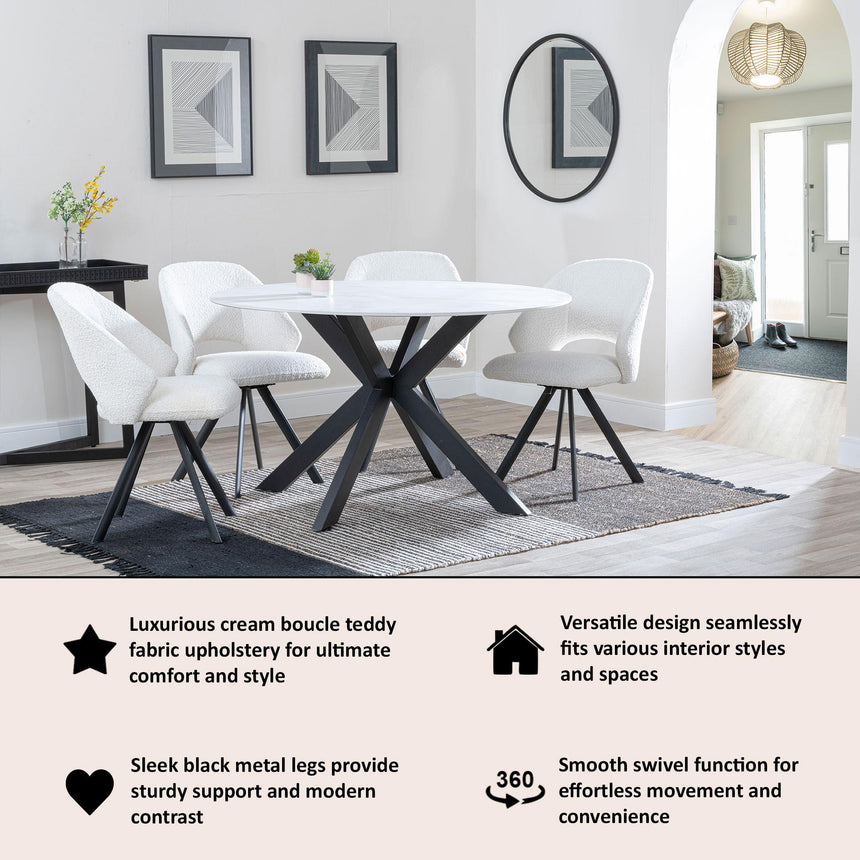 Ion Cream Boucle Teddy Fabric Swivel Dining Chair with Black Legs-15