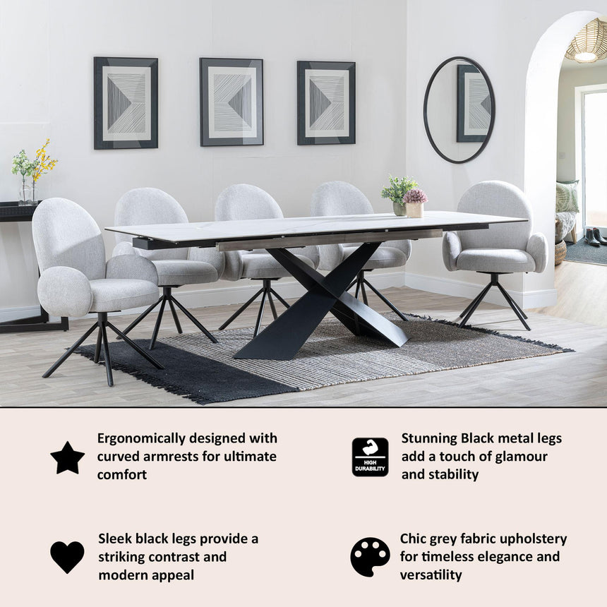 Theo Grey Fabric Swivel Dining Armchair with Black Legs-9