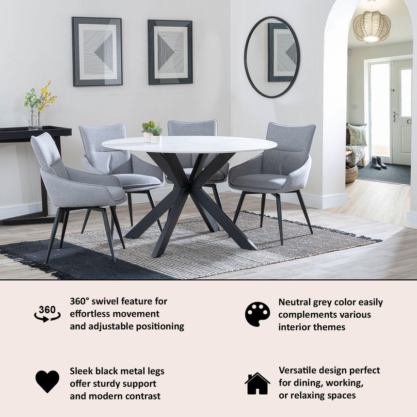 Ace Grey Fabric Swivel Dining Chair with Black Legs-3