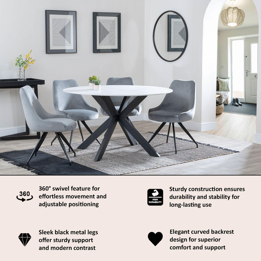 Arctic Grey Velvet Fabric Swivel Dining Chair with Black Legs-3