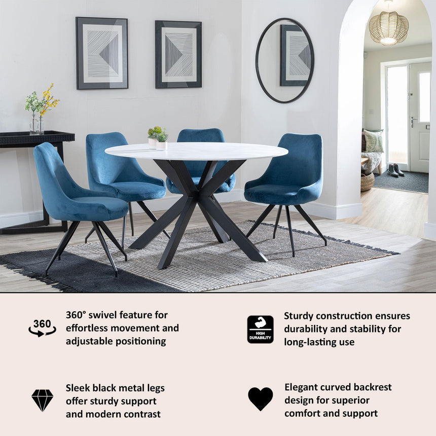 Arctic Blue Velvet Fabric Swivel Dining Chair with Black Legs-5