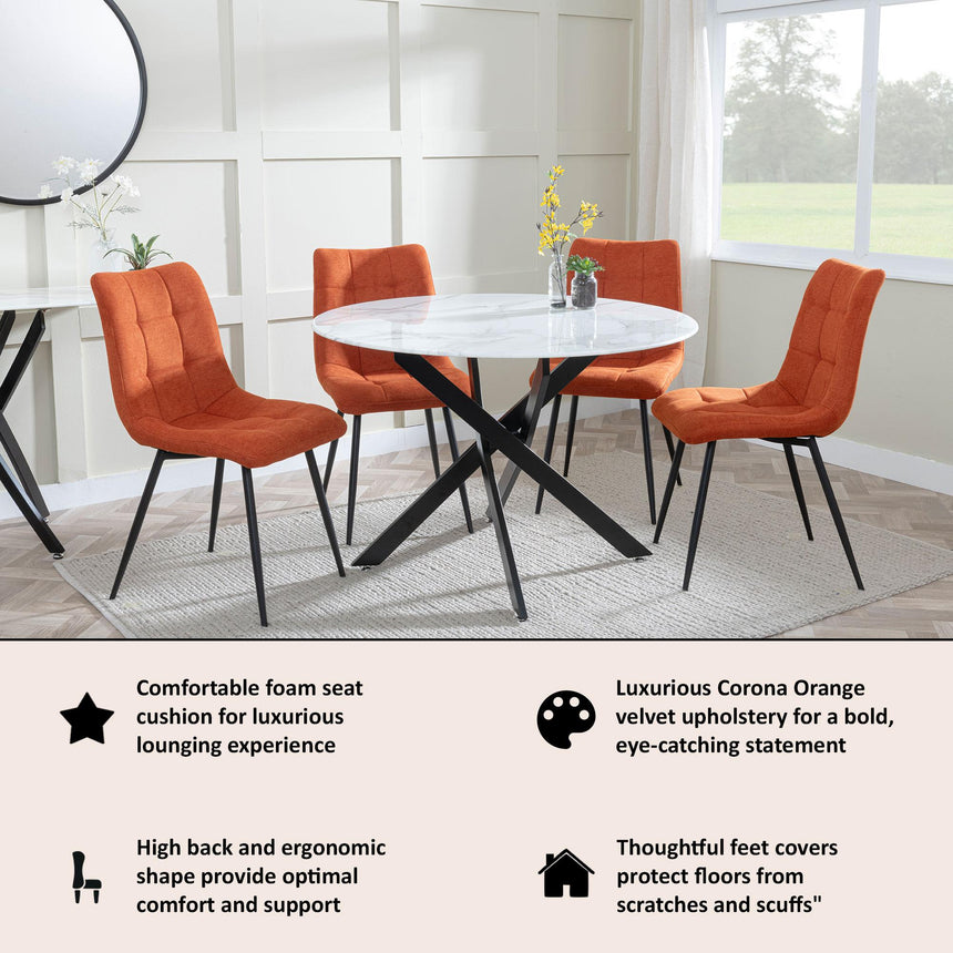 Corona Dining Chairs in Orange Colour Fabric and Black Metal Legs-2