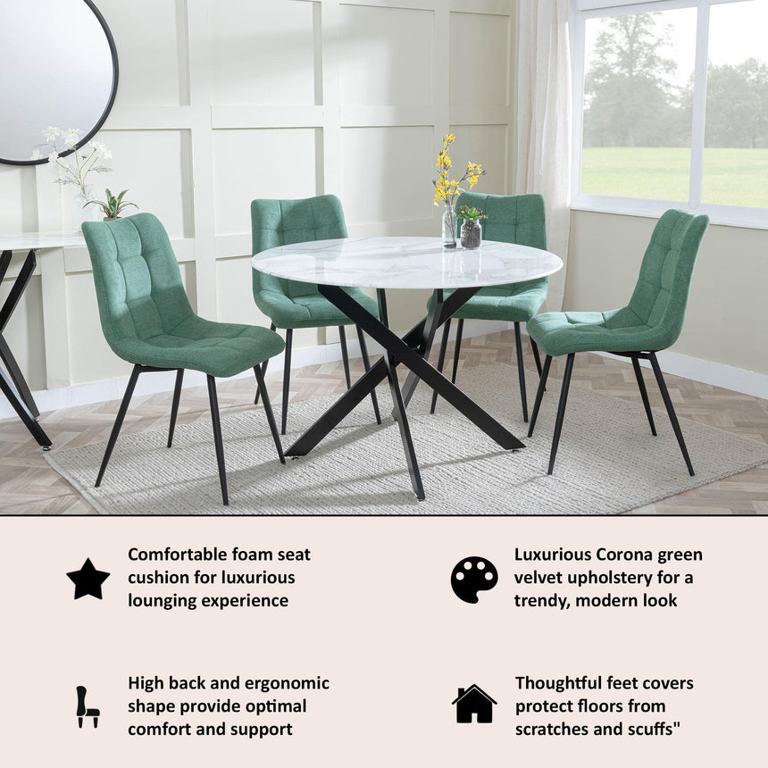 Corona Dining Chairs in Green Colour Fabric and Black Metal Legs-2
