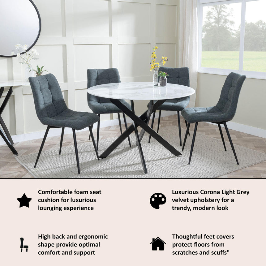 Corona Dining Chairs in Light Grey Colour Fabric and Black Metal Legs-8