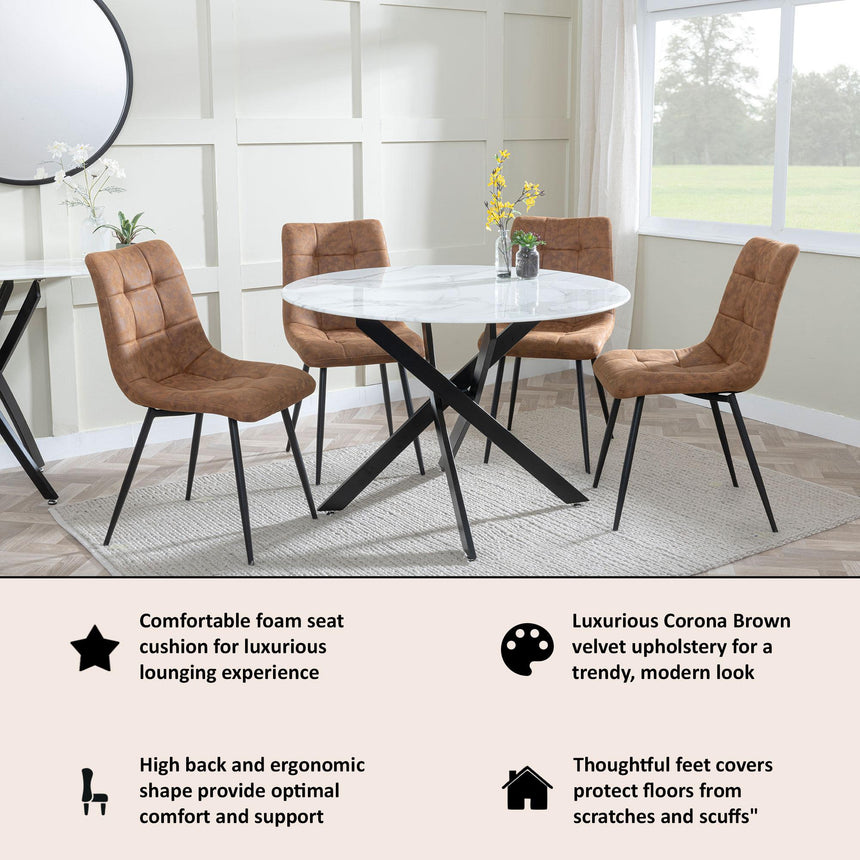 Corona Dining Chairs in Brown Colour Fabric and Black Metal Legs-9