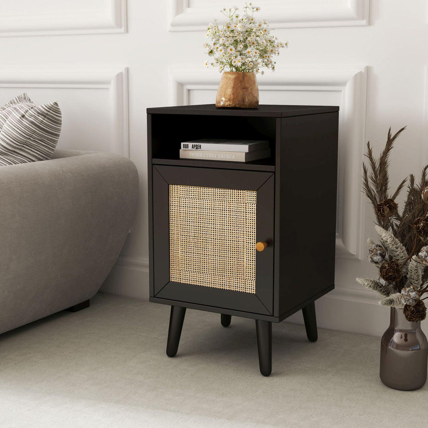 Clearance - Ferrero Black and Woven Rattan 1 Door Bedside Table-2