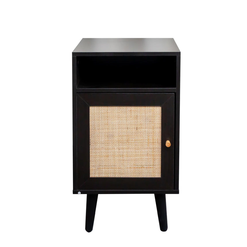 Ferrero Black and Woven Rattan 1 Door Bedside Table-4