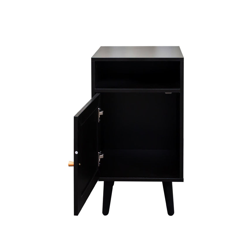 Clearance - Ferrero Black and Woven Rattan 1 Door Bedside Table-4