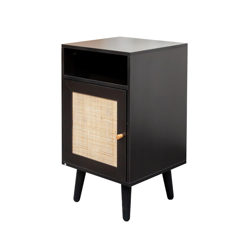 Clearance - Ferrero Black and Woven Rattan 1 Door Bedside Table-5