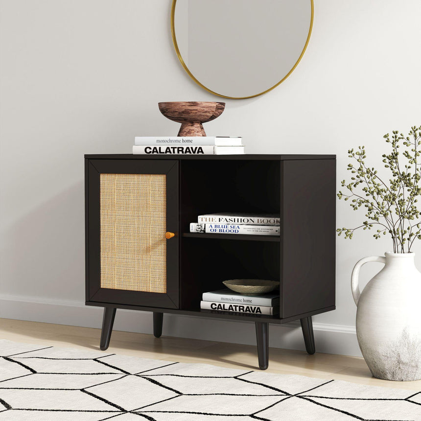 Ferrero Black and Woven Rattan 1 Door Cabinet-3