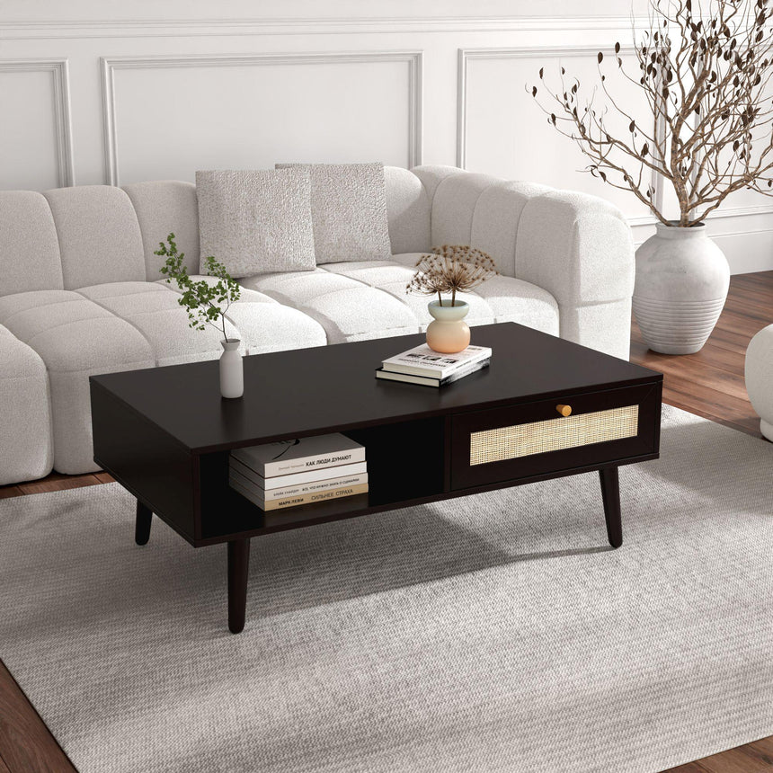 Ferrero Black and Woven Rattan 1 Drawer Coffee Table-3