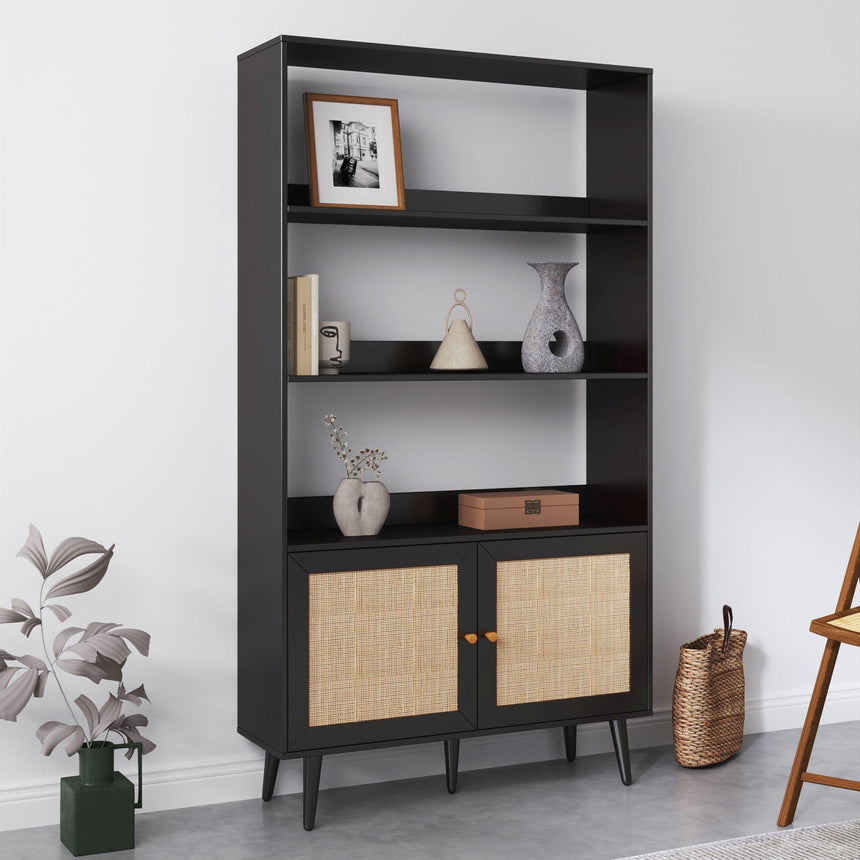 Clearance - Ferrero Black and Woven Rattan Open Shelving Unit with Cupboard-2