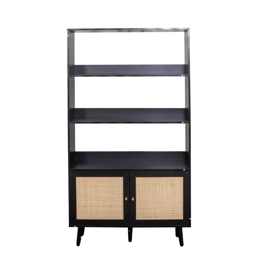Clearance - Ferrero Black and Woven Rattan Open Shelving Unit with Cupboard-3