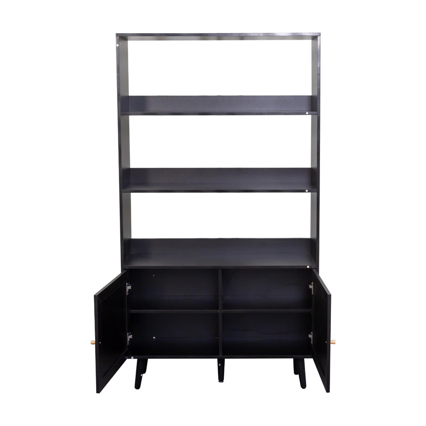 Ferrero Black and Woven Rattan Open Shelving Unit with Cupboard-5