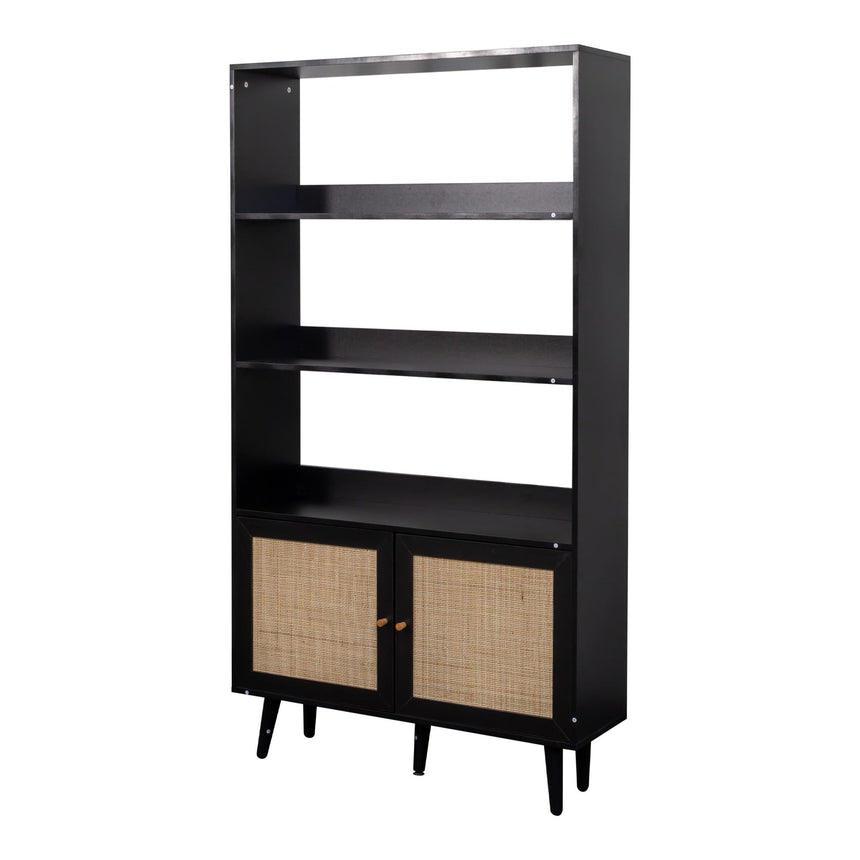 Ferrero Black and Woven Rattan Open Shelving Unit with Cupboard-6