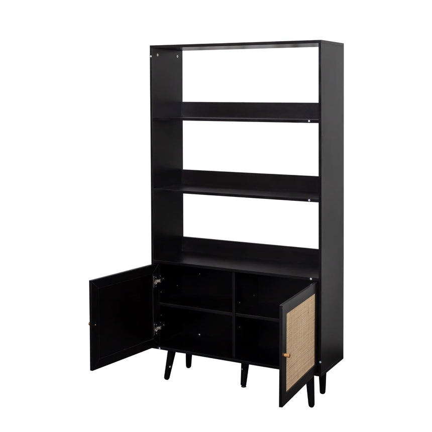 Ferrero Black and Woven Rattan Open Shelving Unit with Cupboard-7